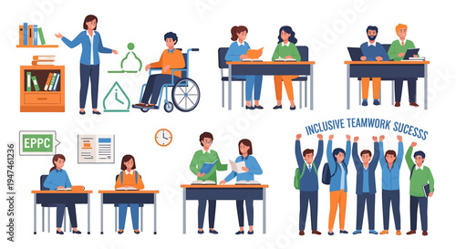 Diverse Team Collaboration In Inclusive Workplace. Vector Illustrations. EPS Editable