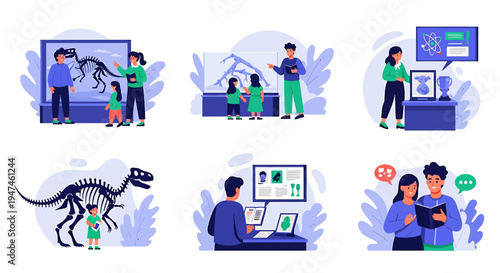 Dynamic Teamwork And Learning Scenes With Technology And Dinosaur Illustration. Vector Illustrations. EPS Editable