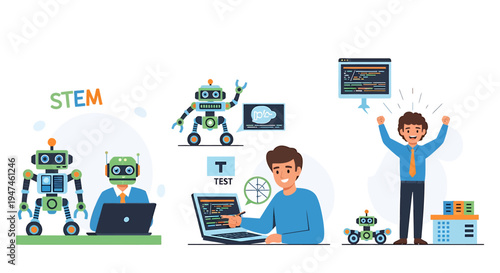 Education and Technology Focus with Robots and Learning. Vector Illustrations. EPS Editable