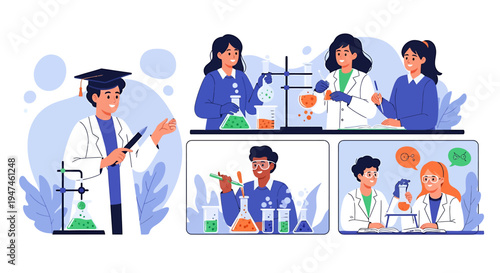Education Scene with Students and Teacher in Science Lab. Vector Illustrations. EPS Editable