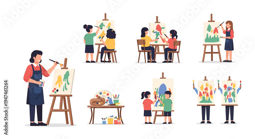 Educational Art Class Activities Showcasing Students and Teacher in Creative Learning. Vector Illustrations. EPS Editable