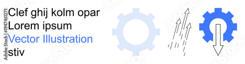 Technology, business processes, engineering, system mechanics, workflow, and innovation. Blue gear with arrows and placeholder text. Technology and business processes concept