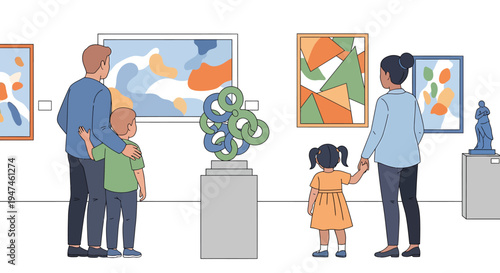 Family and Friends Explore Art Gallery Paintings. Vector Illustrations. EPS Editable