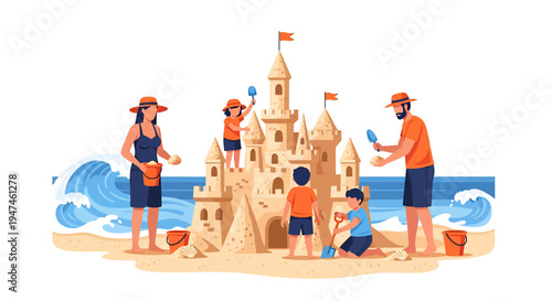 Family Beach Day Building Sandcastle Together 1. Vector Illustrations. EPS Editable