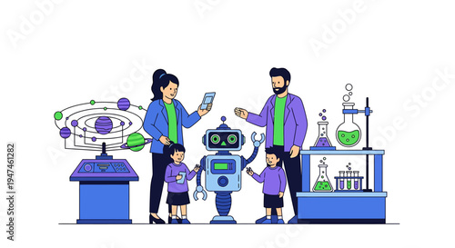Family and Students Explore a Laboratory Robot Science Experiment Together. Vector Illustrations. EPS Editable