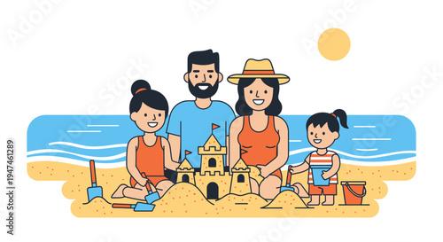 Family Beach Day Building Sandcastle Together. Vector Illustrations. EPS Editable