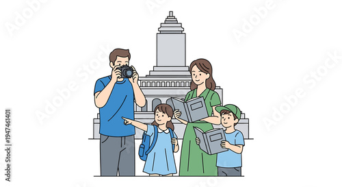 Family Photo Session Outdoors Near Historic Landmark Monument. Vector Illustrations. EPS Editable