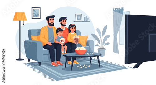 Family Watching Television Together in a Cozy Living Room. Vector Illustrations. EPS Editable