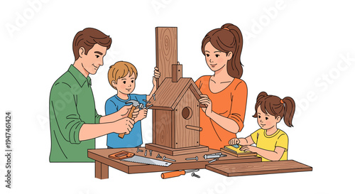 Family Workshop Printing Crafting Scene. Vector Illustrations. EPS Editable