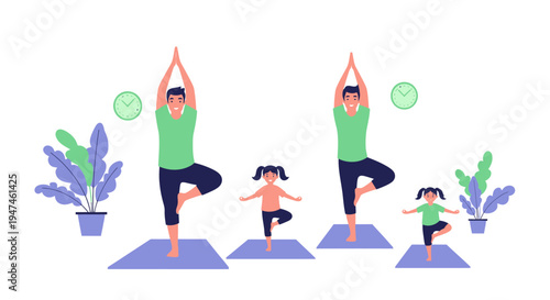 Family Yoga Practice in Home Studio. Vector Illustrations. EPS Editable