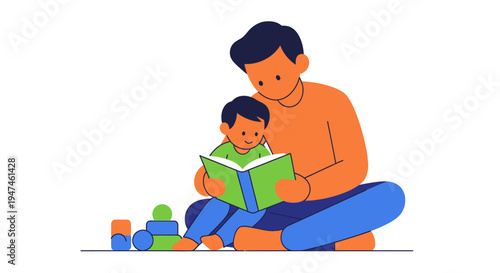 Father Reading With Child During Quiet Story Time At Home. Vector Illustrations. EPS Editable