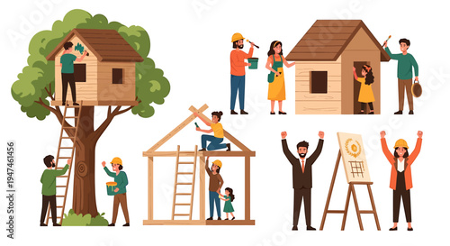 Friends and Families Collaborate to Build a Treehouse Outdoors. Vector Illustrations. EPS Editable