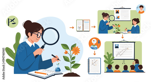 Focused Researcher Analyzing Plant Growth Through Visual Collaboration. Vector Illustrations. EPS Editable