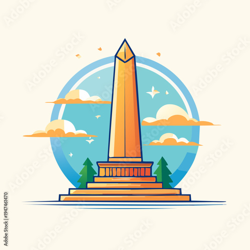 Monumental Obelisk Structure with Clouds and Trees Illustration.