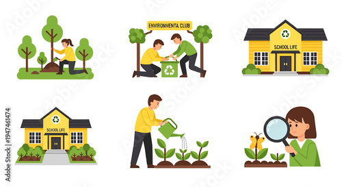 Garden Scenes of Planting Caring and Home Environment. Vector Illustrations. EPS Editable