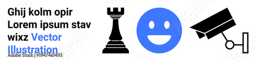 Privacy, surveillance, emotive communication, strategy planning, security tech, digital safety. Chess piece, happy face CCTV camera icons. Surveillance and emotive communication
