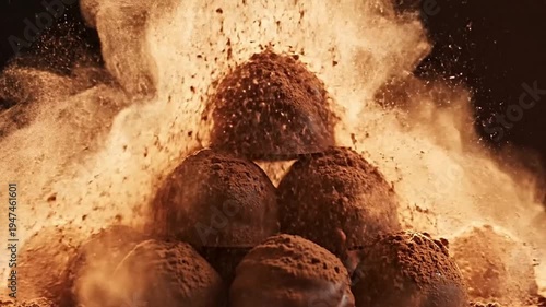 Artisanal chocolate truffles sprinkled with cocoa powder falling in slow motion over dark background