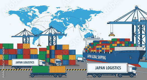 Illustration of a cargo ship and truck transporting colorful shipping containers with Japan Logistics labels on a gray road against a blue world map background.