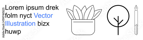 Graphic design, minimalism, nature aesthetics, art tools, branding, decoration. Black and white line art of a plant pot, tree outline and fountain pen. Graphic design and minimalism focus