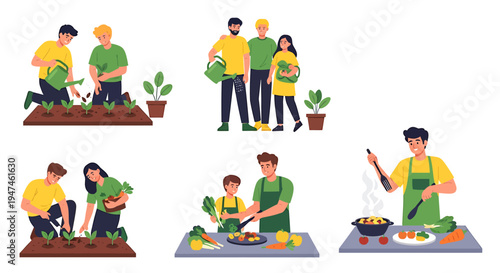 Group of people tending a community garden and planting vegetables together. Vector Illustrations. EPS Editable