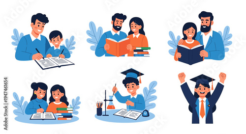Group of Students Studying Together and Celebrating Learning. Vector Illustrations. EPS Editable