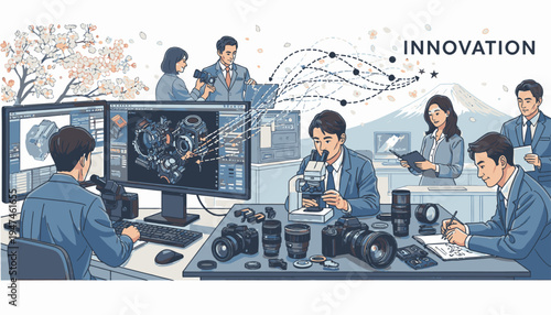 Illustration of a diverse team collaborating on innovative projects with computers and cameras in a modern office setting with a professional mood.