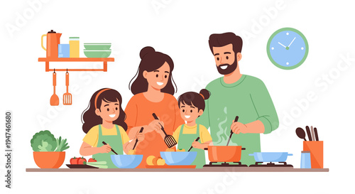 Happy family cooking together in modern kitchen. Vector Illustrations. EPS Editable