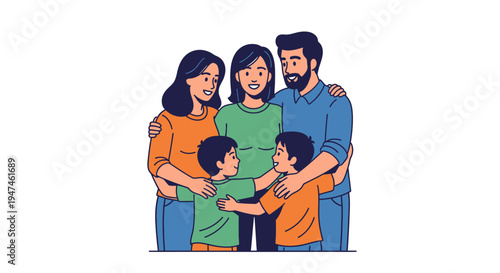 Happy family embracing and smiling together in a warm group. Vector Illustrations. EPS Editable