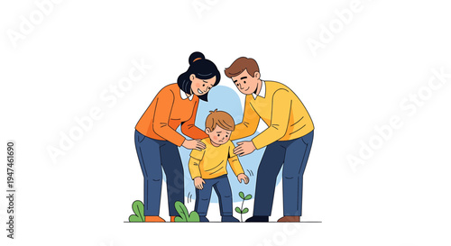 Happy family gardening together in cheerful outdoor scene. Vector Illustrations. EPS Editable