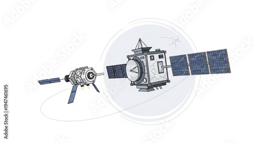 Advanced space technology illustration featuring two sophisticated satellites in orbital communication for global connectivity