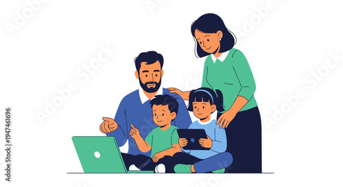Happy family gathers around laptop for learning and play at home. Vector Illustrations. EPS Editable