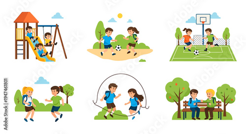 Kids Playing Together in Outdoor Park Playground Scene. Vector Illustrations. EPS Editable