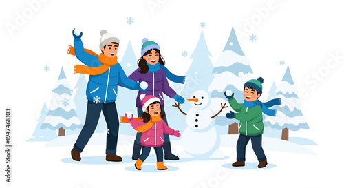Joyful Winter Family Playing Outdoors In Snow. Vector Illustrations. EPS Editable