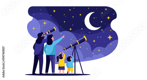 Night under the Stars Family Stargazing With Telescope. Vector Illustrations. EPS Editable