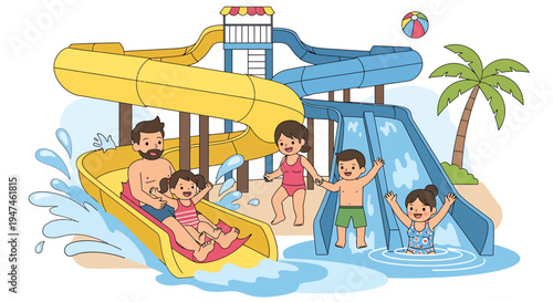 Sunny Day Water Park Fun With Slides And Splashing Friends. Vector Illustrations. EPS Editable
