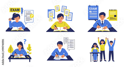 Students at desks solving tasks and questions in classroom scenes. Vector Illustrations. EPS Editable