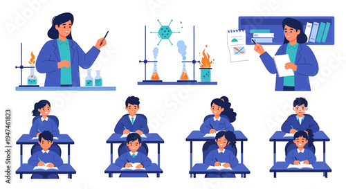 Students and Teacher Conducting Science Experiments in Classroom Lab. Vector Illustrations. EPS Editable