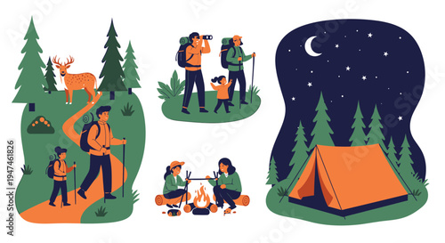 Outdoor Camping Night Under Stars With Family Friends. Vector Illustrations. EPS Editable