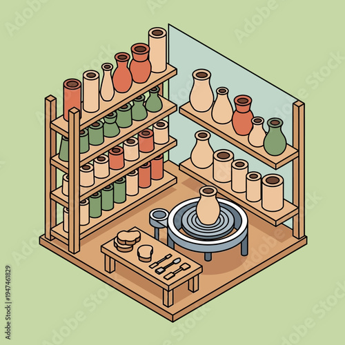 Isometric illustration of a pottery studio with shelves, tools, and a pottery wheel.
