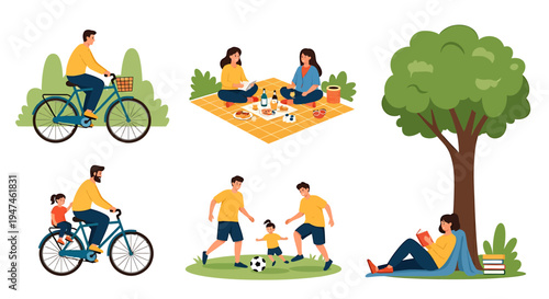 Outdoor Family Leisure Activities Featuring Bicycles Picnics and Relaxation. Vector Illustrations. EPS Editable