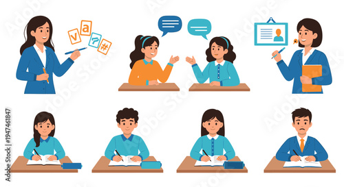 Vibrant Classroom Learning Scene With Students And Teacher Collaboration. Vector Illustrations. EPS Editable