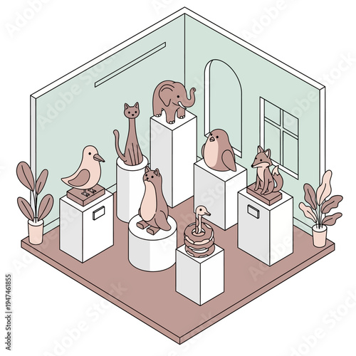 Isometric illustration of a room with animal sculptures on display.