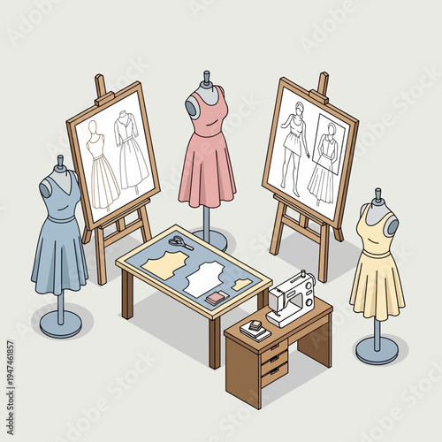 An illustration of a fashion design studio with mannequins, sketches, and sewing equipment.