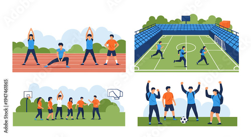 Vibrant Education and Teamwork Scenes in Outdoor and School Settings. Vector Illustrations. EPS Editable