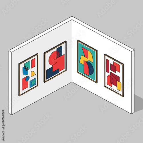 Isometric view of a gallery space with four framed abstract art pieces.