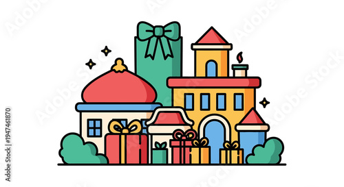 Vibrant Festive Cityscape with Gift Boxes and Buildings. Vector Illustrations. EPS Editable
