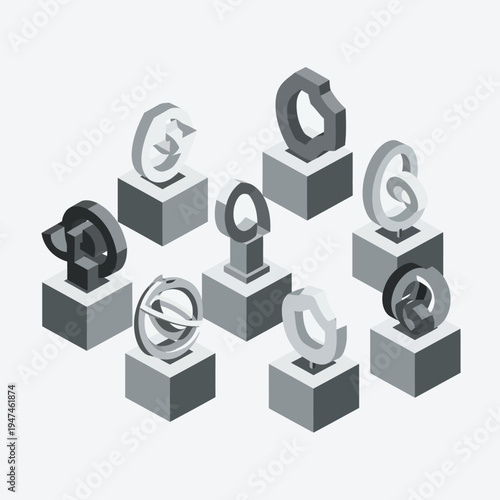 Isometric illustration of abstract sculptures displayed on individual pedestals, gray scale.