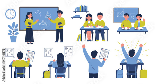Vibrant Classroom Scenes With Students Engaged in Learning and Collaboration. Vector Illustrations. EPS Editable