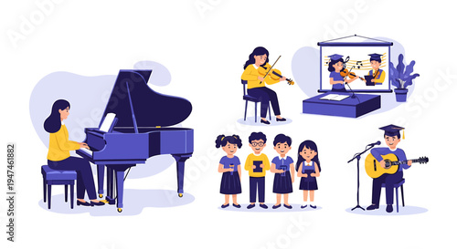 Vibrant Piano and Choir Ensemble Performance on Stage. Vector Illustrations. EPS Editable