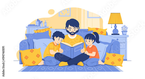 Warm Family Reading Session on Cozy Home Couch. Vector Illustrations. EPS Editable